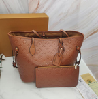 LV Neverfull MM Monogram Empreinte Cognac Brown Leather Bag Set