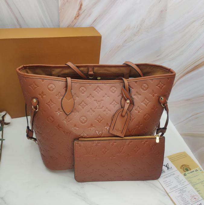 LV Neverfull MM Monogram Empreinte Cognac Brown Leather Bag Set