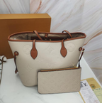 LV Neverfull MM Monogram Empreinte Beige Leather Handbag & Purse Set