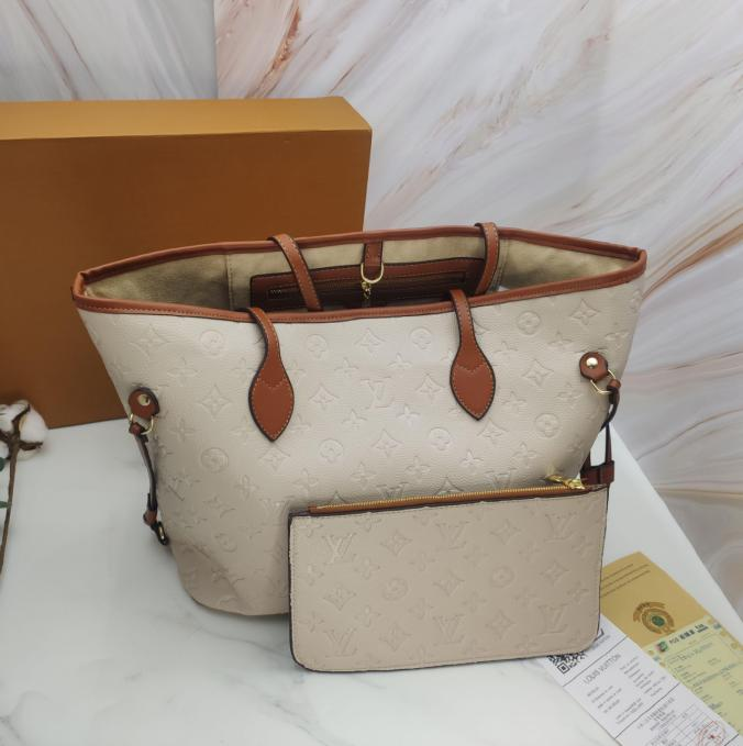 LV Neverfull MM Embossed Monogram Beige Leather Gold-color Hardware Handbag & Purse Set