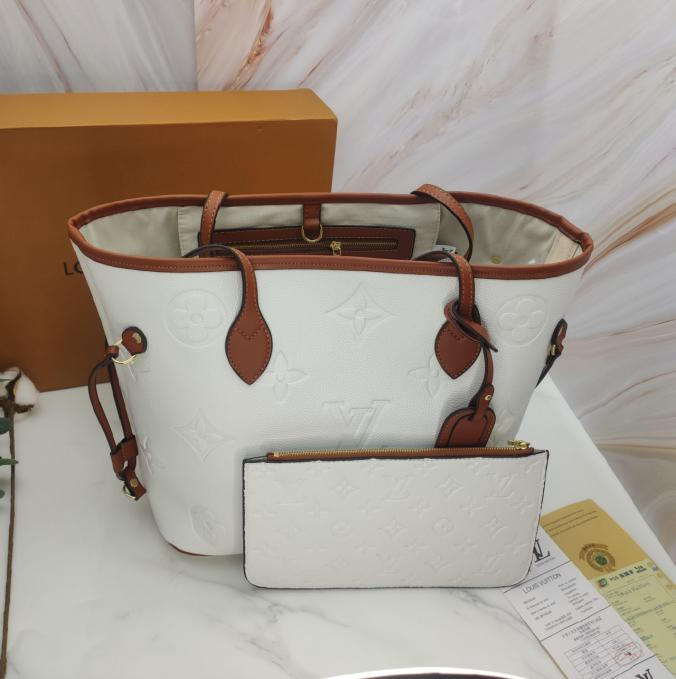 LV Neverfull MM Embossed Monogram White Leather Gold-color Hardware Handbag & Purse Set
