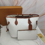 LV Neverfull MM Embossed Monogram White Leather Gold-color Hardware Tote Bag & Coin Purse Set