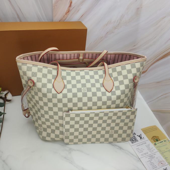 LV Neverfull MM Damier Azur Canvas Tote Bag Purse Set