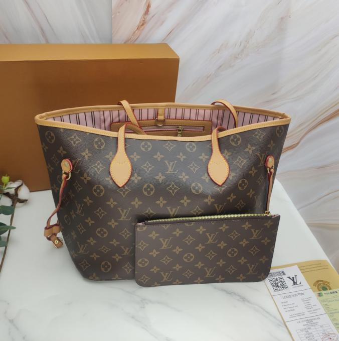 LV Neverfull MM Monogram Canvas Light Purple Striped Textile Lining Tote Bag with Removable Pouch