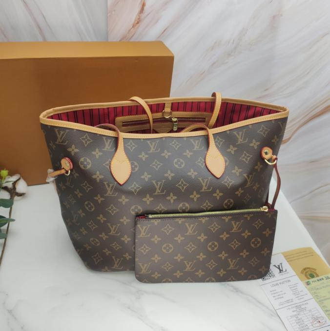 LV Neverfull MM Monogram Canvas Red Striped Textile Lining Handbag With Pouch