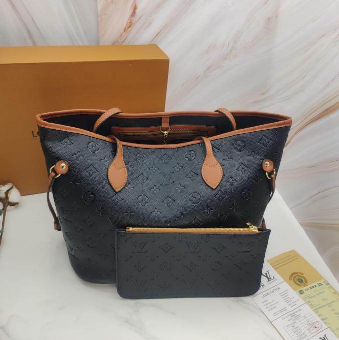LV Neverfull MM Black Embossed Crossbody Bag Set