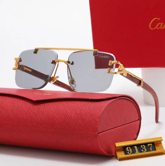 Cartier-Style Rimless Gold Panther Double-Bridge Gray Sunglasses