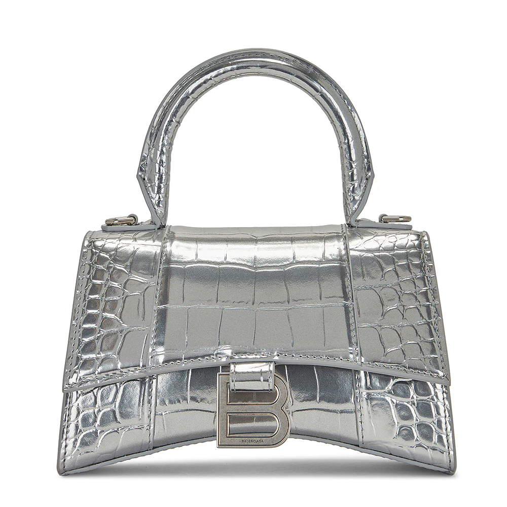 Balenci Hourglass Silver Metallic Crocodile-Embossed Leather Handbags