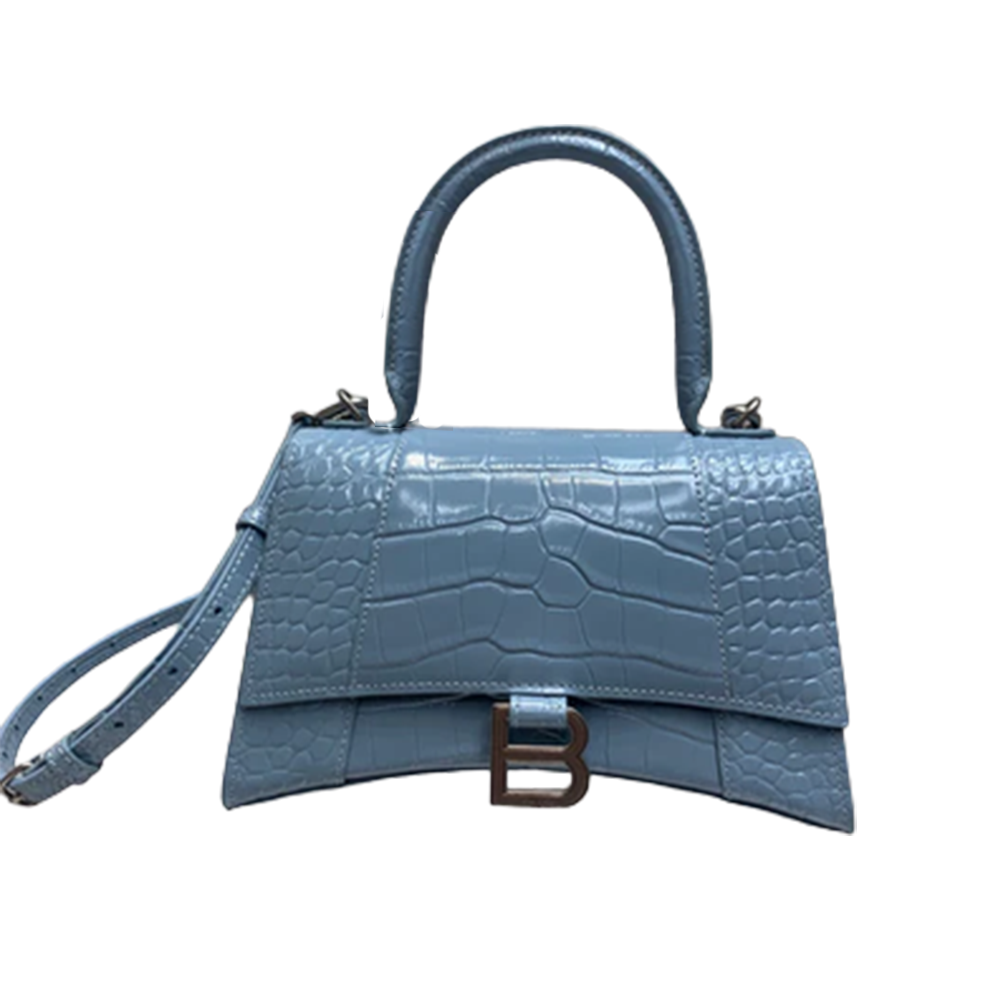 Balenci Hourglass Multi-Size Antique Blue Grey Metallic Croc-Embossed Curvilinear Shape Leather Bag with Silver-Tone "B" Buckle