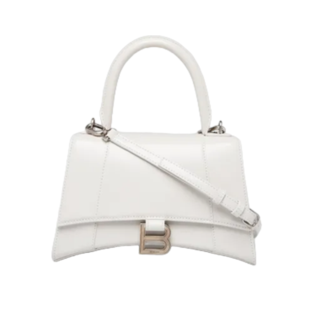 Balenci Hourglass Multi-Size White Metallic Croc-Embossed Curvilinear Shape Leather Bag with Bronze-Tone "B" Buckle