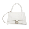 Balenci Hourglass Multi-Size White Metallic Croc-Embossed Curvilinear Shape Leather Bag with Silver-Tone "B" Buckle