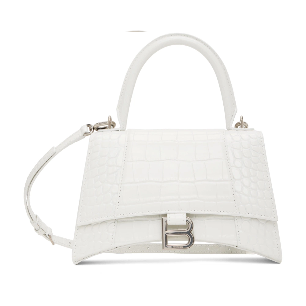 Balenci Hourglass Multi-Size White Metallic Croc-Embossed Curvilinear Shape Leather Bag with Silver-Tone "B" Buckle