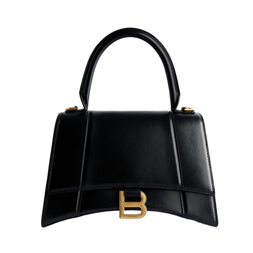 Balenci Hourglass Multi-Size Plan Black Metallic Croc-Embossed Curvilinear Shape Leather Bag with Gold-Tone "B" Buckle