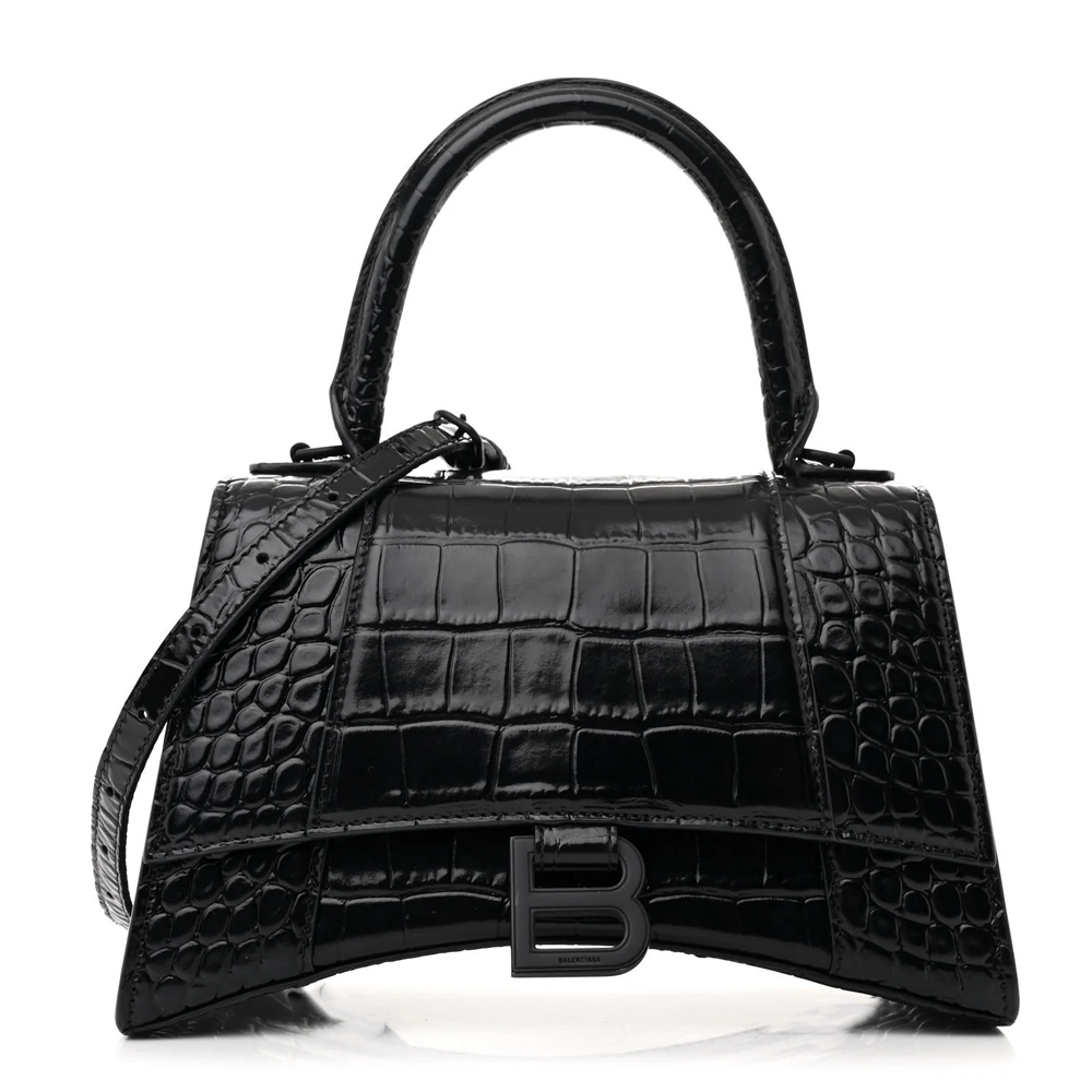 Balenci Hourglass Multi-Size Black Metallic Croc-Embossed Curvilinear Shape Leather Bag with Same colored-Tone "B" Buckle