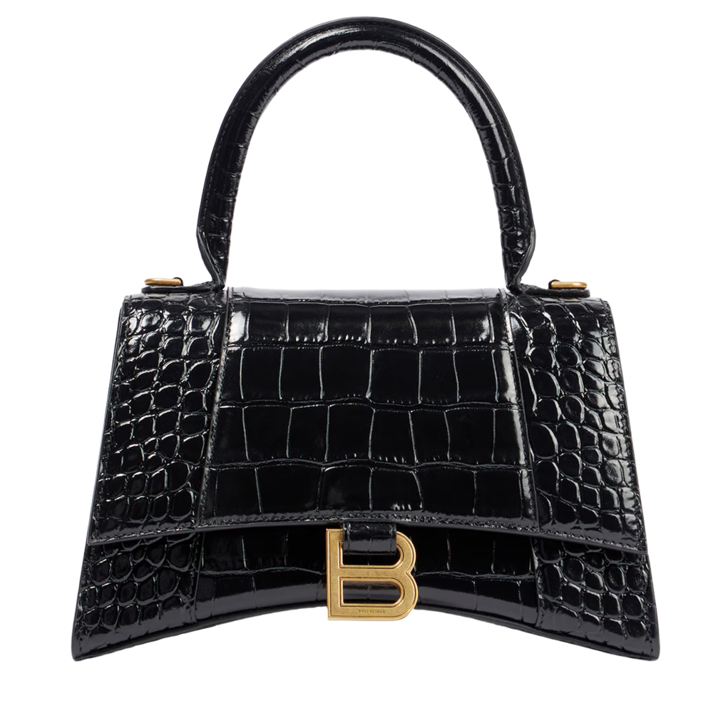 Balenci Hourglass Multi-Size Black Metallic Croc-Embossed Leather Bag with Gold-Tone "B" Buckle