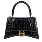 Balenci Hourglass Multi-Size Black Metallic Croc-Embossed Leather Bag with Gold-Tone "B" Buckle