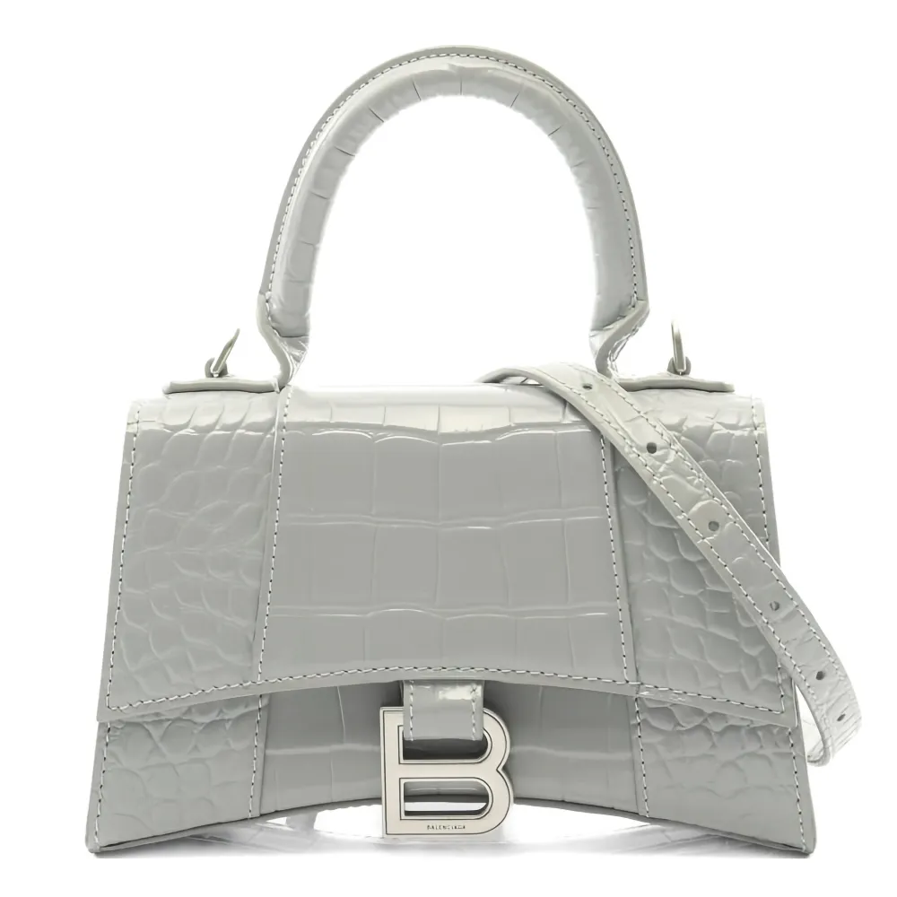 Balenci Hourglass Multi-Size Grey Metallic Croc-Embossed Leather Bag with Silver-Tone "B" Buckle