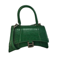 Balenci Hourglass Multi-Size Green Metallic Crocodile-Embossed Curvilinear Shape Leather Handbag with Silver-Tone B Buckle