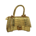 Balenci Hourglass Multi-Size Antique Gold Metallic Crocodile-Embossed Curvilinear Shape Leather Handbag with Gold-Tone "B" Buckle
