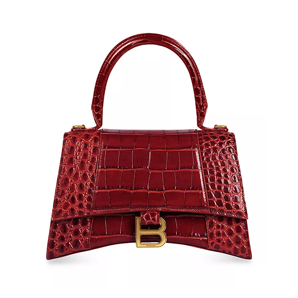 Balenci Hourglass Multi-Size Antique Red Metallic Crocodile-Embossed Curvilinear Shape Leather Handbag with Gold-Tone "B" Buckle