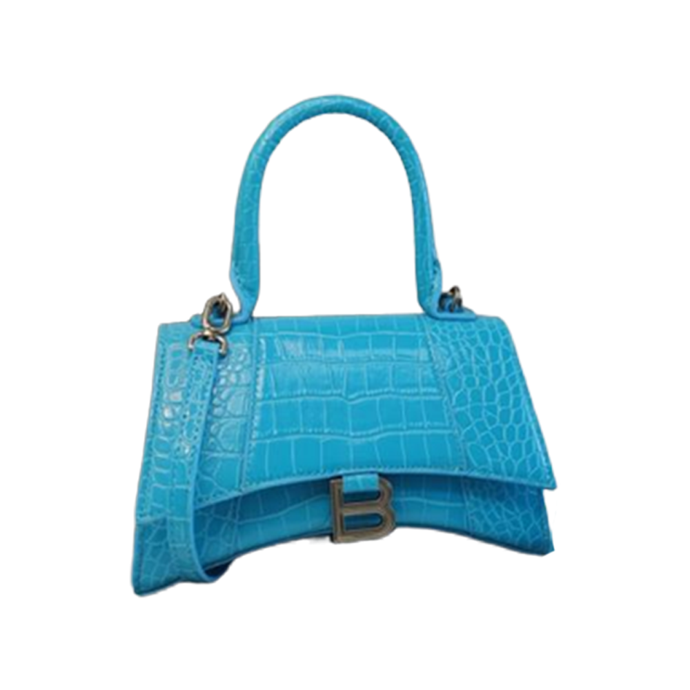 Balenci Hourglass Multi-Size Antique Blue Metallic Croc-Embossed Curvilinear Shape Leather Bag with Silver-Tone "B" Buckle