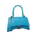 Balenci Hourglass Multi-Size Antique Blue Metallic Croc-Embossed Curvilinear Shape Leather Bag with Silver-Tone "B" Buckle