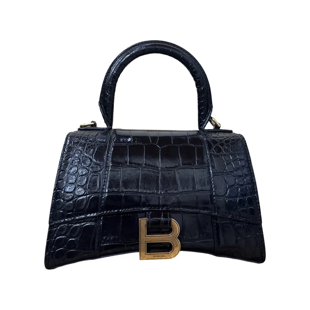 Balenci Hourglass Multi-Size Antique Dark Blue Metallic Croc-Embossed Curvilinear Shape Leather Bag with Silver-Tone "B" Buckle
