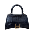 Balenci Hourglass Multi-Size Antique Dark Blue Metallic Croc-Embossed Curvilinear Shape Leather Bag with Silver-Tone "B" Buckle