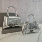 Balenci Hourglass Silver Metallic Crocodile-Embossed Leather Handbags