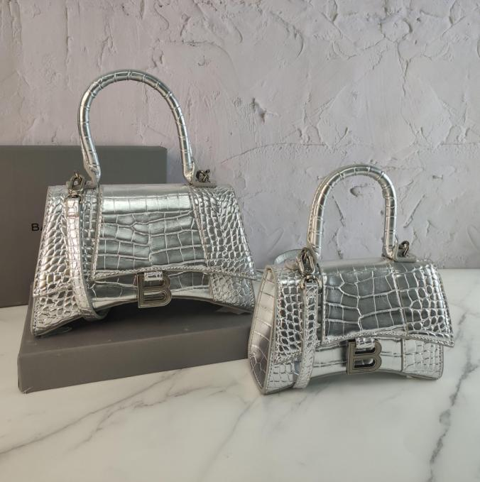 Balenci Hourglass Silver Metallic Crocodile-Embossed Leather Handbags