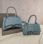 Balenci Hourglass Multi-Size Antique Blue Grey Metallic Croc-Embossed Curvilinear Shape Leather Bag with Silver-Tone "B" Buckle