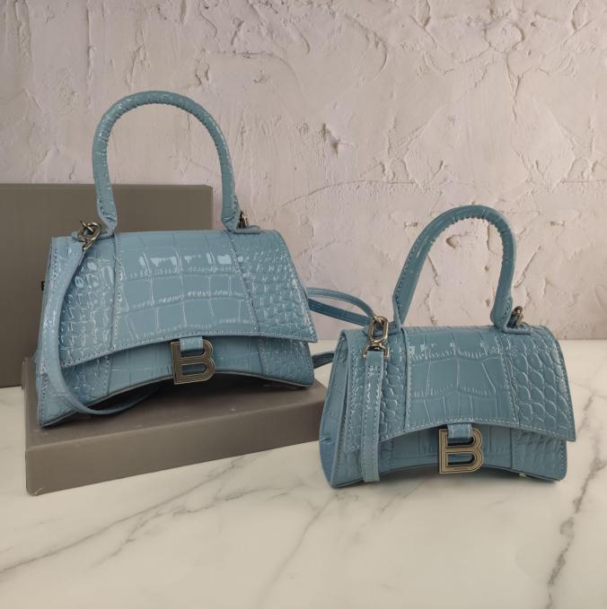 Balenci Hourglass Multi-Size Antique Blue Grey Metallic Croc-Embossed Curvilinear Shape Leather Bag with Silver-Tone "B" Buckle