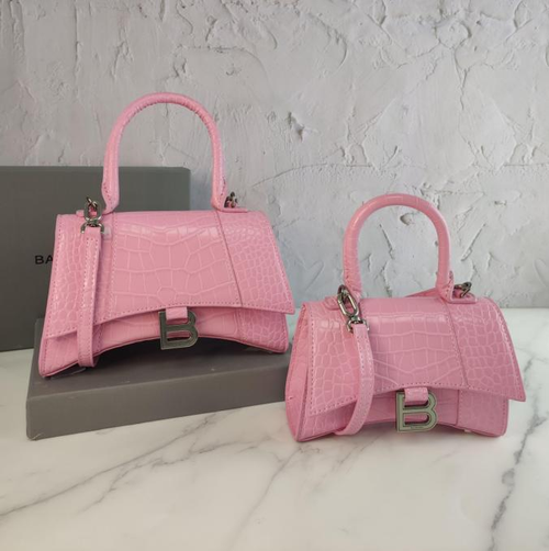 Balenci Hourglass Multi-Size Antique Pink Metallic Croc-Embossed Curvilinear Shape Leather Bag with Silver-Tone "B" Buckle