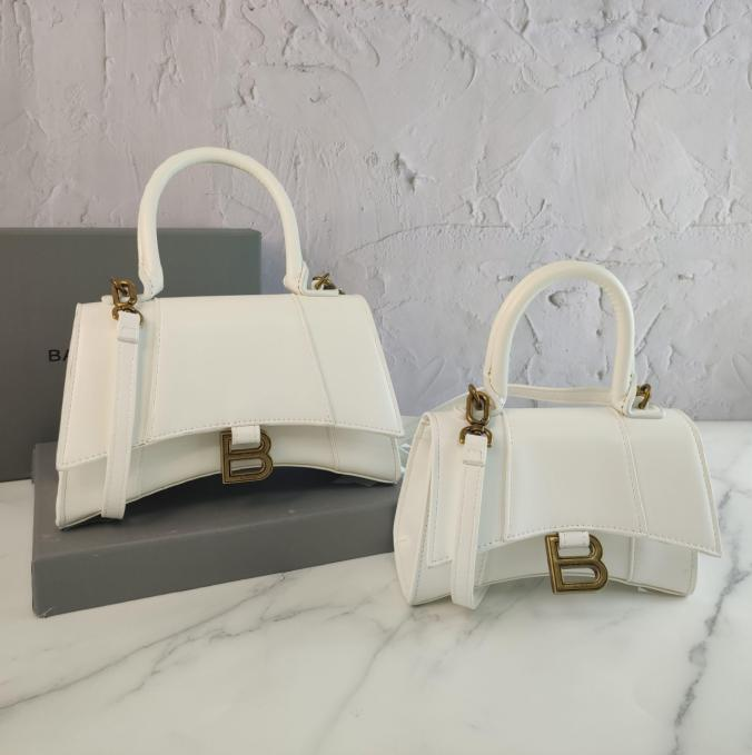Balenci Hourglass Multi-Size White Metallic Croc-Embossed Curvilinear Shape Leather Bag with Bronze-Tone "B" Buckle