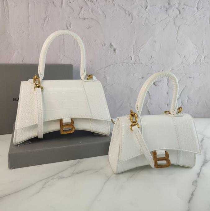 Balenci Hourglass Multi-Size White Metallic Croc-Embossed Curvilinear Shape Leather Bag with Gold-Tone "B" Buckle
