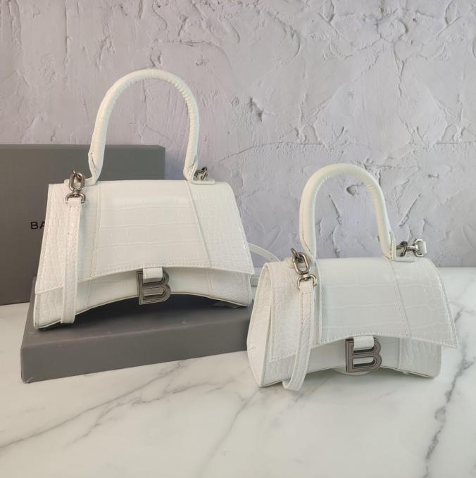 Balenci Hourglass Multi-Size White Metallic Croc-Embossed Curvilinear Shape Leather Bag with Silver-Tone "B" Buckle
