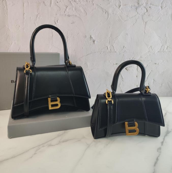 Balenci Hourglass Multi-Size Plan Black Metallic Croc-Embossed Curvilinear Shape Leather Bag with Gold-Tone "B" Buckle