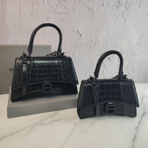 Balenci Hourglass Multi-Size Black Metallic Croc-Embossed Curvilinear Shape Leather Bag with Same colored-Tone "B" Buckle