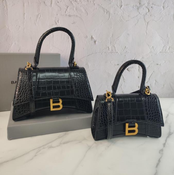Balenci Hourglass Multi-Size Black Metallic Croc-Embossed Leather Bag with Gold-Tone "B" Buckle