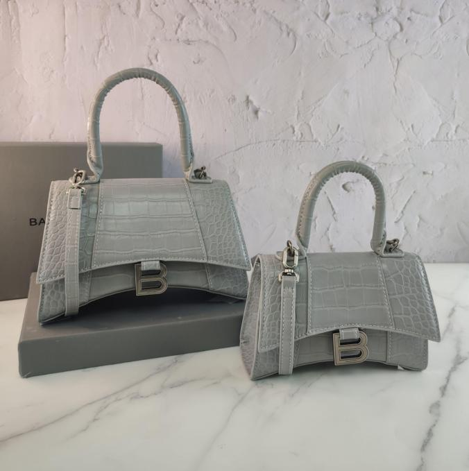 Balenci Hourglass Multi-Size Grey Metallic Croc-Embossed Leather Bag with Silver-Tone "B" Buckle