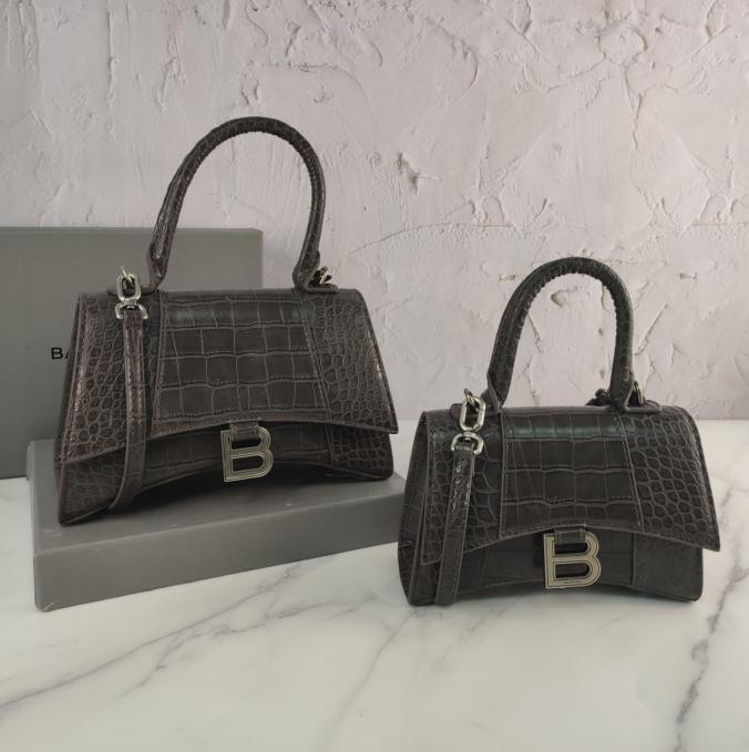 Balenci Hourglass Multi-Size Dark Grey Metallic Croc-Embossed Leather Bag with Silver-Tone "B" Buckle