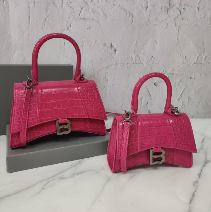 Balenci Hourglass Multi-Size Rose Pink Metallic Crocodile-Embossed Leather Handbag