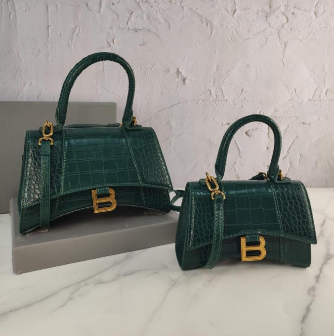 Balenci Hourglass Multi-Size Dark Green Metallic Crocodile-Embossed Leather Handbags