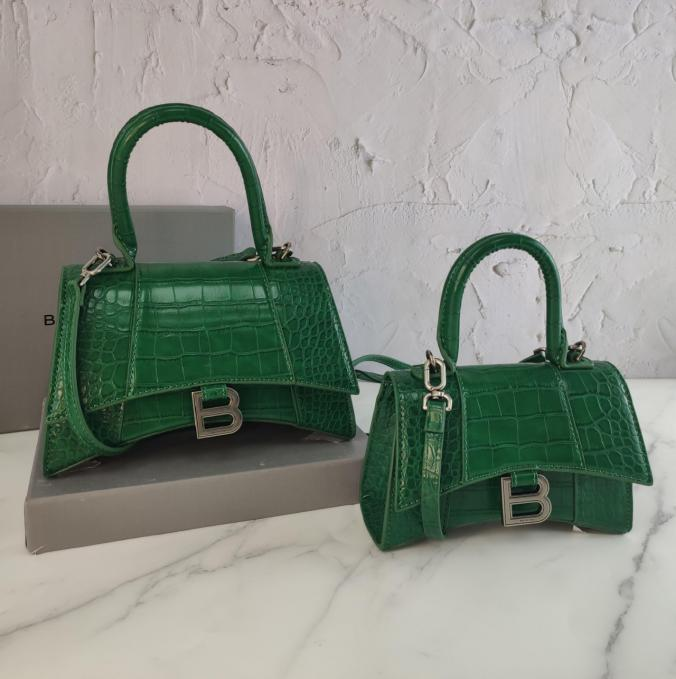 Balenci Hourglass Multi-Size Green Metallic Crocodile-Embossed Curvilinear Shape Leather Handbag with Silver-Tone B Buckle