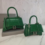Balenci Hourglass Multi-Size Green Metallic Crocodile-Embossed Curvilinear Shape Leather Handbag with Silver-Tone B Buckle