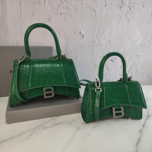 Balenci Hourglass Multi-Size Green Metallic Crocodile-Embossed Curvilinear Shape Leather Handbag with Silver-Tone B Buckle