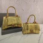 Balenci Hourglass Multi-Size Antique Gold Metallic Crocodile-Embossed Curvilinear Shape Leather Handbag with Gold-Tone "B" Buckle