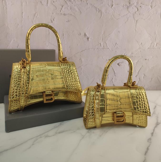 Balenci Hourglass Multi-Size Antique Gold Metallic Crocodile-Embossed Curvilinear Shape Leather Handbag with Gold-Tone "B" Buckle