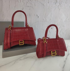 Balenci Hourglass Multi-Size Antique Red Metallic Crocodile-Embossed Curvilinear Shape Leather Handbag with Gold-Tone "B" Buckle