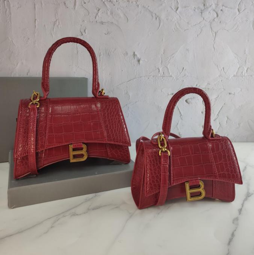 Balenci Hourglass Multi-Size Antique Red Metallic Crocodile-Embossed Curvilinear Shape Leather Handbag with Gold-Tone "B" Buckle